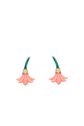 Big Flower Earrings, 18k Yellow Gold with Diamonds, Malachite & Pink Coral